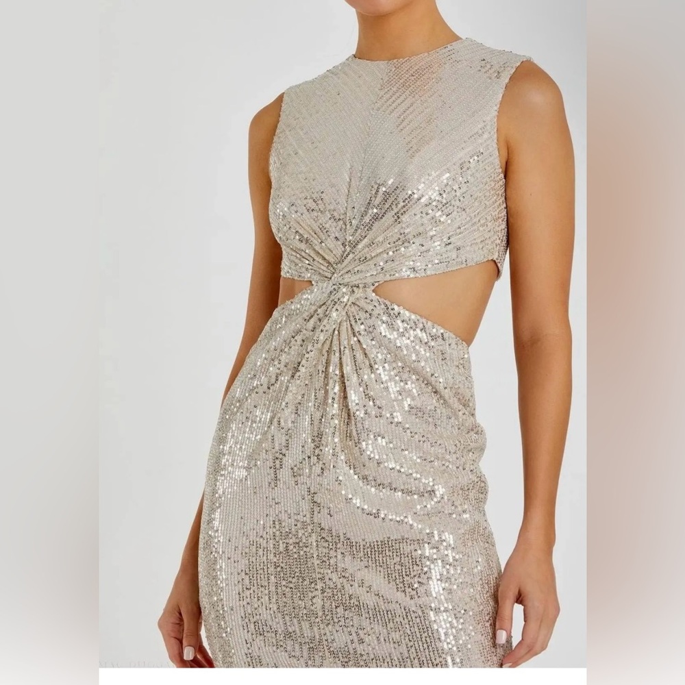 Mac Duggal Silver Sequin Front Twist cut out Sheath Dress style code 27022 - Picture 3 of 10